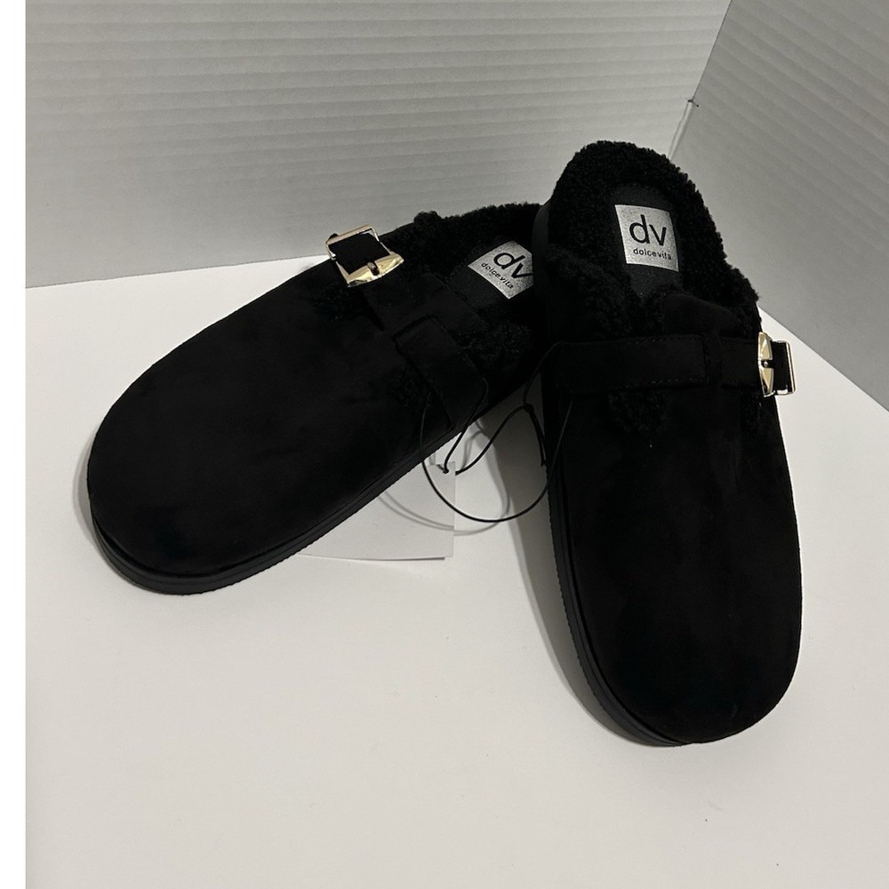 DV Dolce Vitaā Womens Black Faux Suede Shearling Lined Buckle Clog Mules Size 9